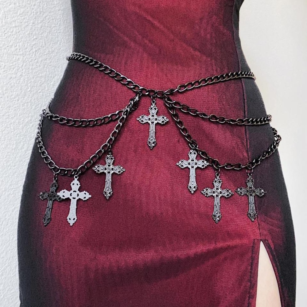 Black Emo Cross Goth Style Waist Multi Layer Body Chain Adjustable Sizing Belt